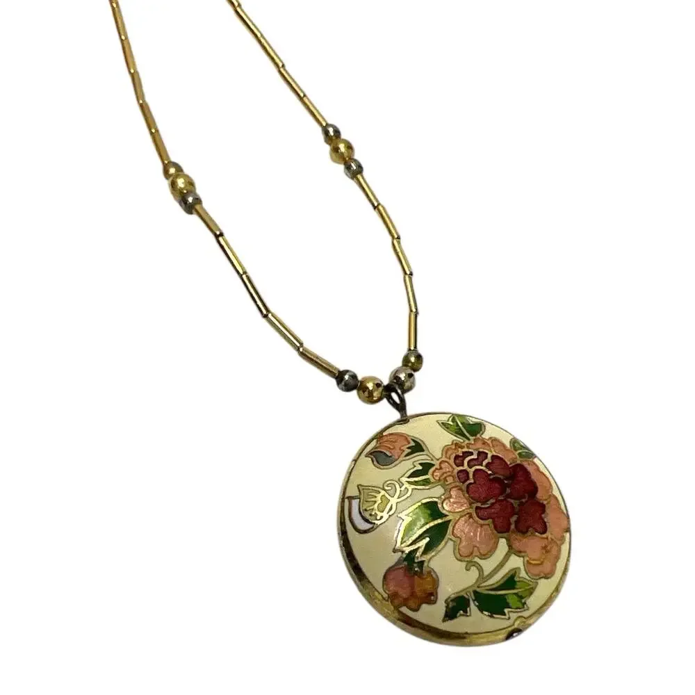 1970s Vintage Chinese Cloisonne Brass Peony Floral Pendant Necklace 18”